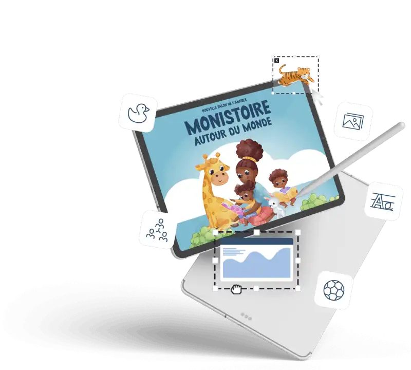 Aperçu du studio Monistoire pour créer et personnaliser des histoires pour enfants sur une tablette